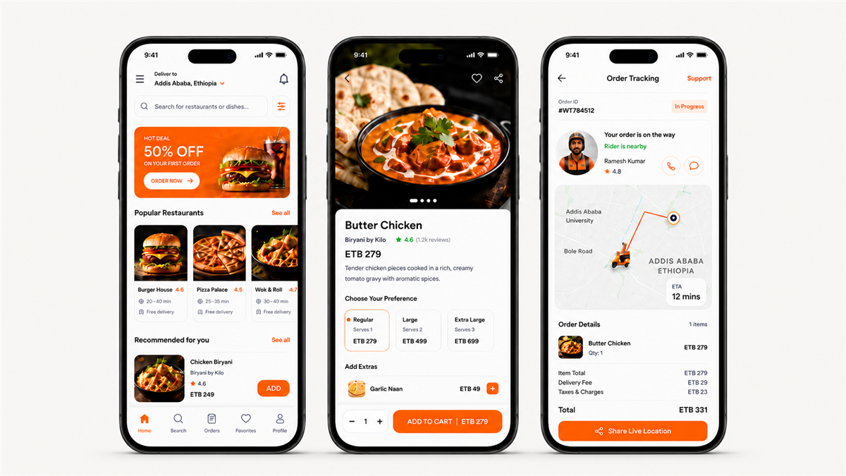 Food delivery mobile app screens for browsing, ordering, and tracking delivery