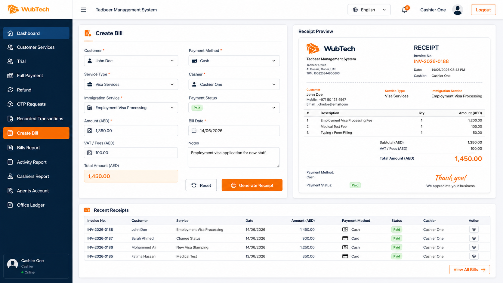 Tadbeer receipt generator and create bill screen