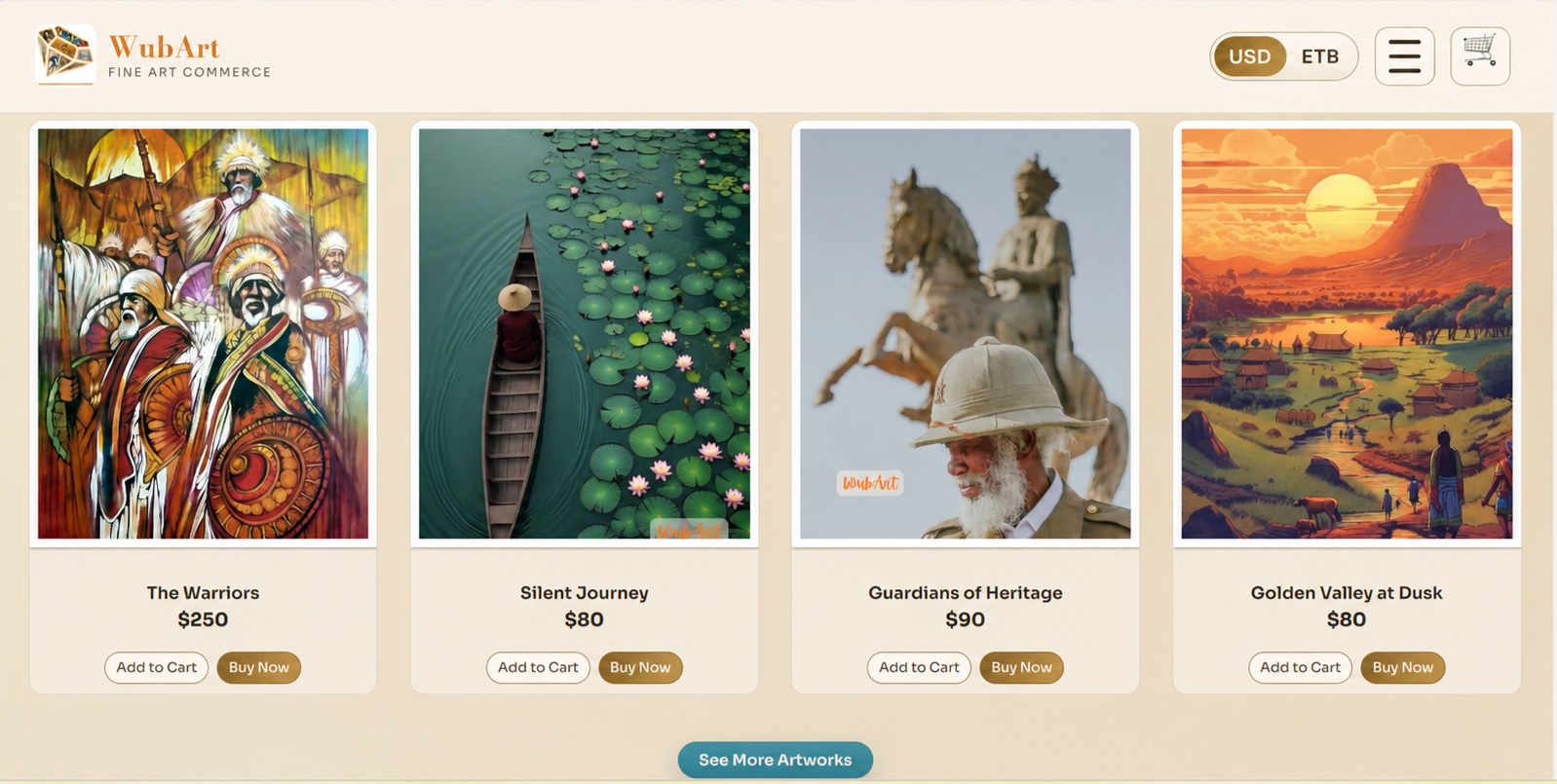 WubArt e-commerce art store product listing